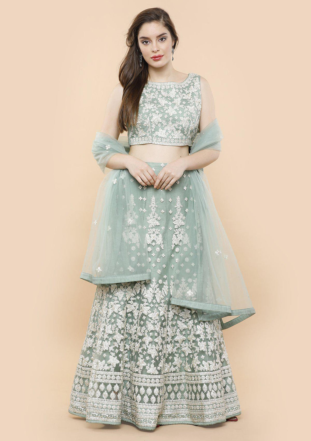 Teal Green Threadwork Net Designer Lehenga-Koskii