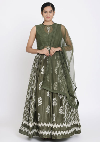 Mehendi Printed Art Silk Designer Gown - koskii