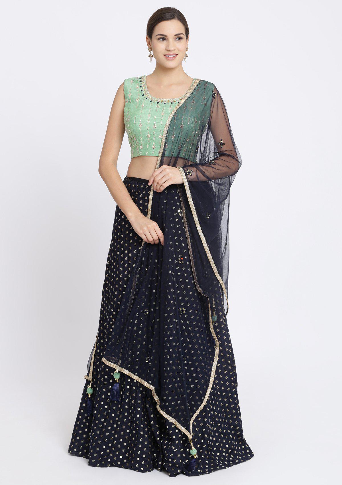 Navy Blue Zardozi Chanderi Designer Lehenga-Koskii