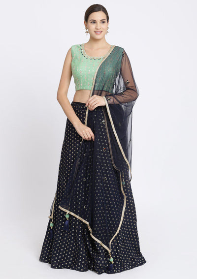 Navy Blue Zardozi Chanderi Designer Lehenga-Koskii
