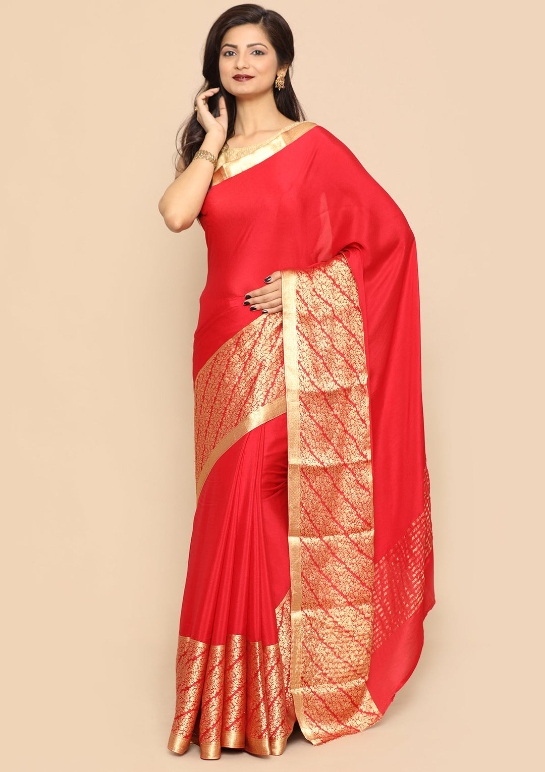Bright Red Zari Bordered Handmade Saree-Koskii