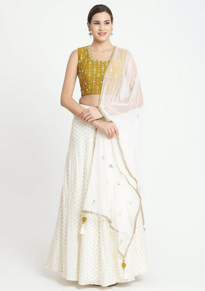 Mustard and Cream Zardozi Chanderi Designer Lehenga-Koskii