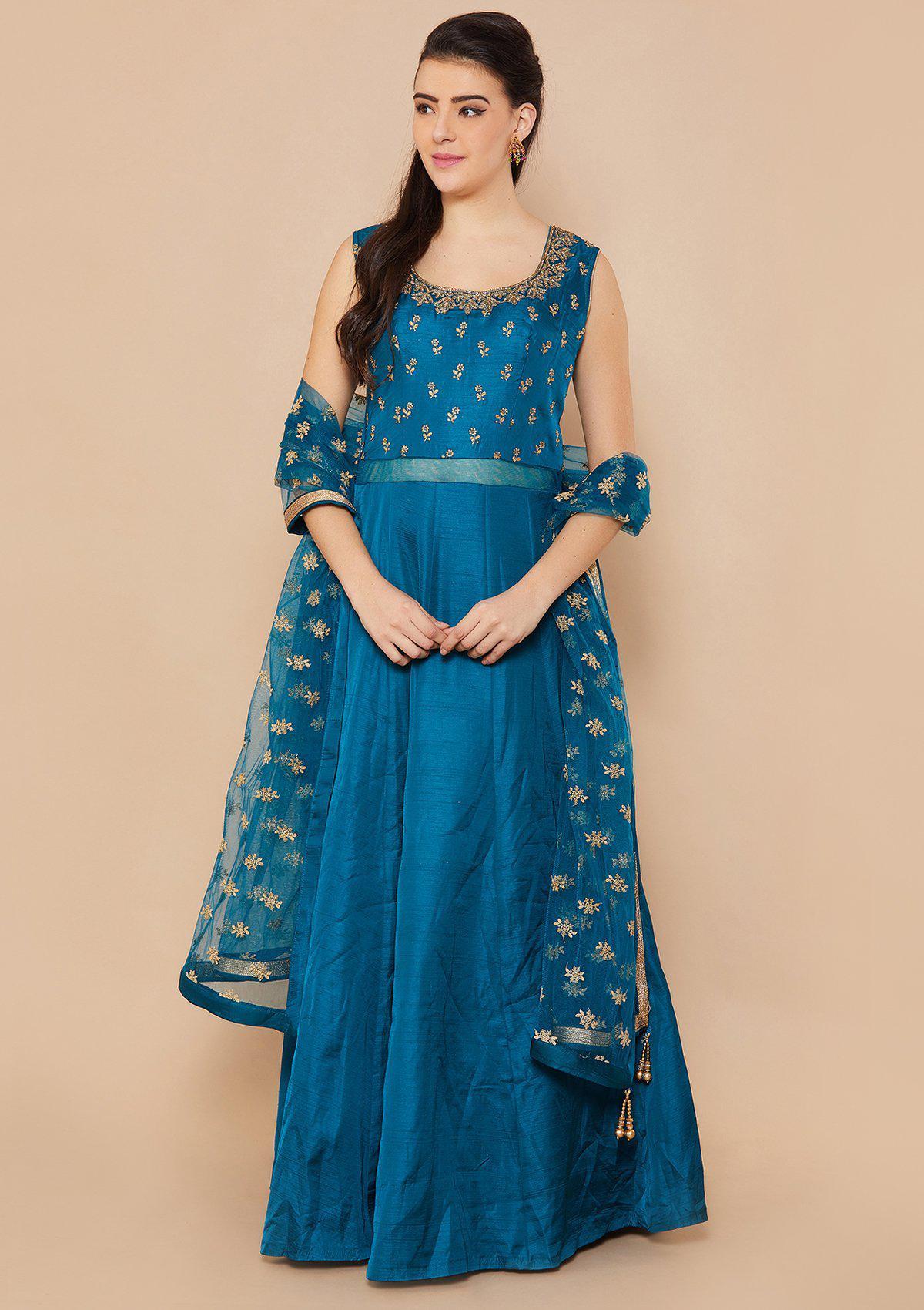 Blue Zariwork Raw-silk Designer Gown-Koskii