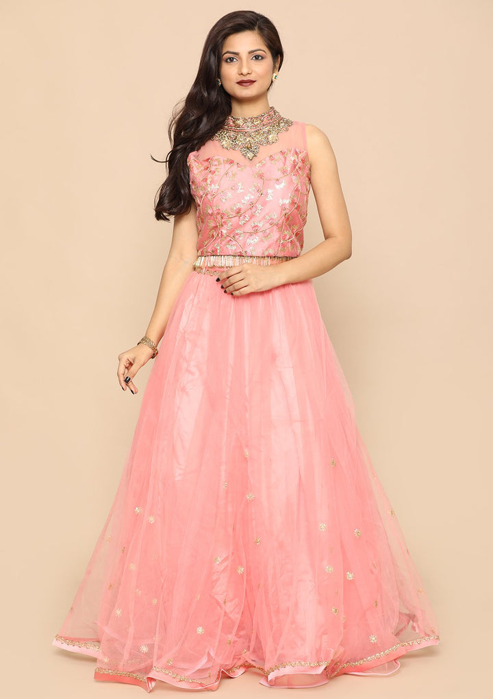 Pink Zari Work Net Designer Lehenga-Koskii