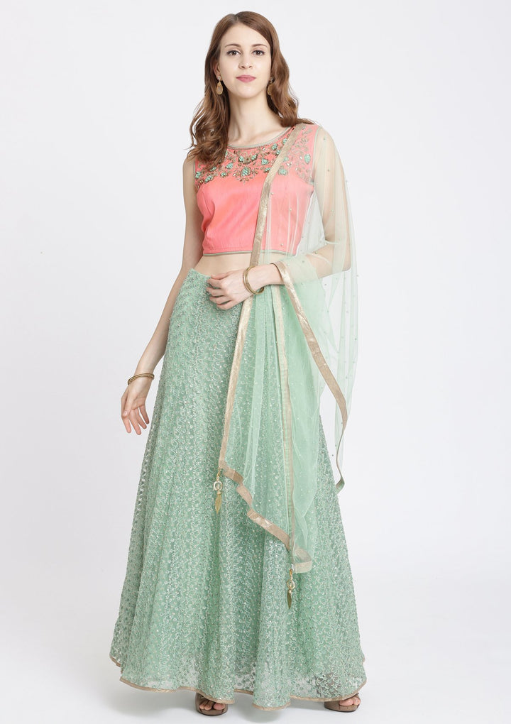 Pista Green Cutdana Net Designer Lehenga-Koskii