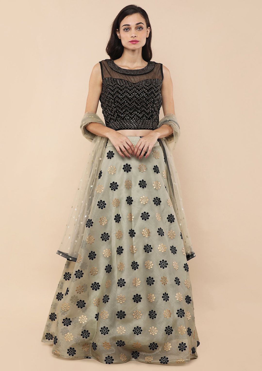 Teal Green Stone Work Velvet Designer Lehenga-Koskii