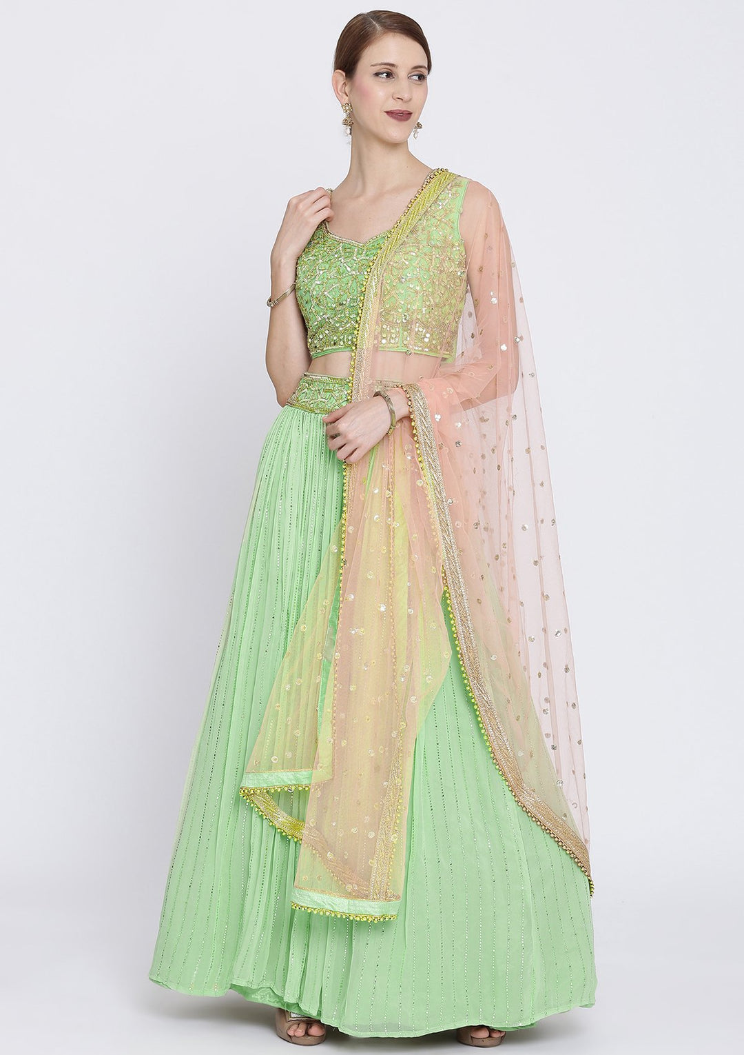 Pista Green Cutdana Georgette Designer Lehenga-Koskii