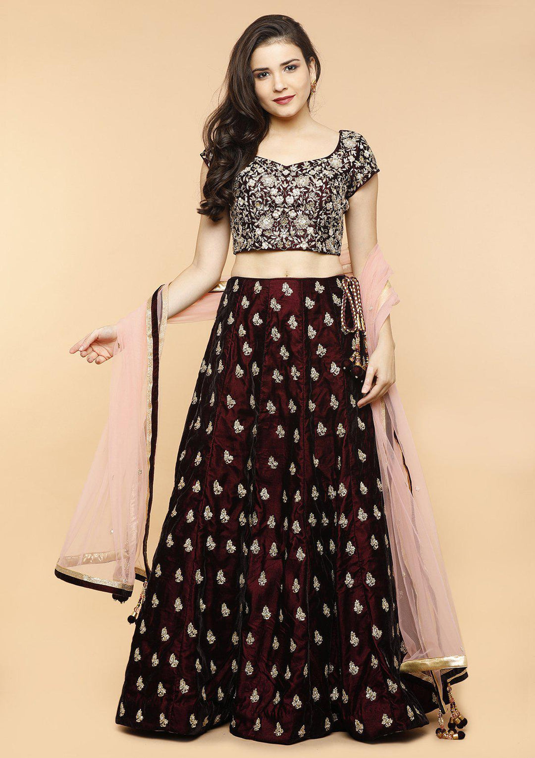 Wine and Gold Velvet Designer Lehenga-Koskii