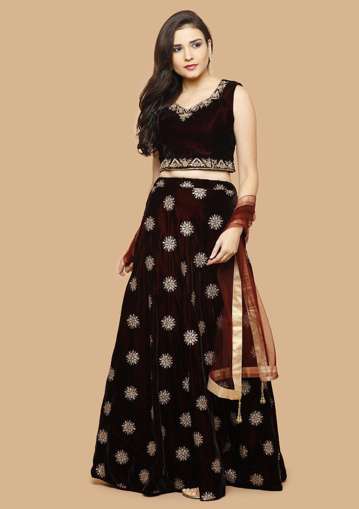 Maroon Embellished Velvet Designer Lehenga-Koskii