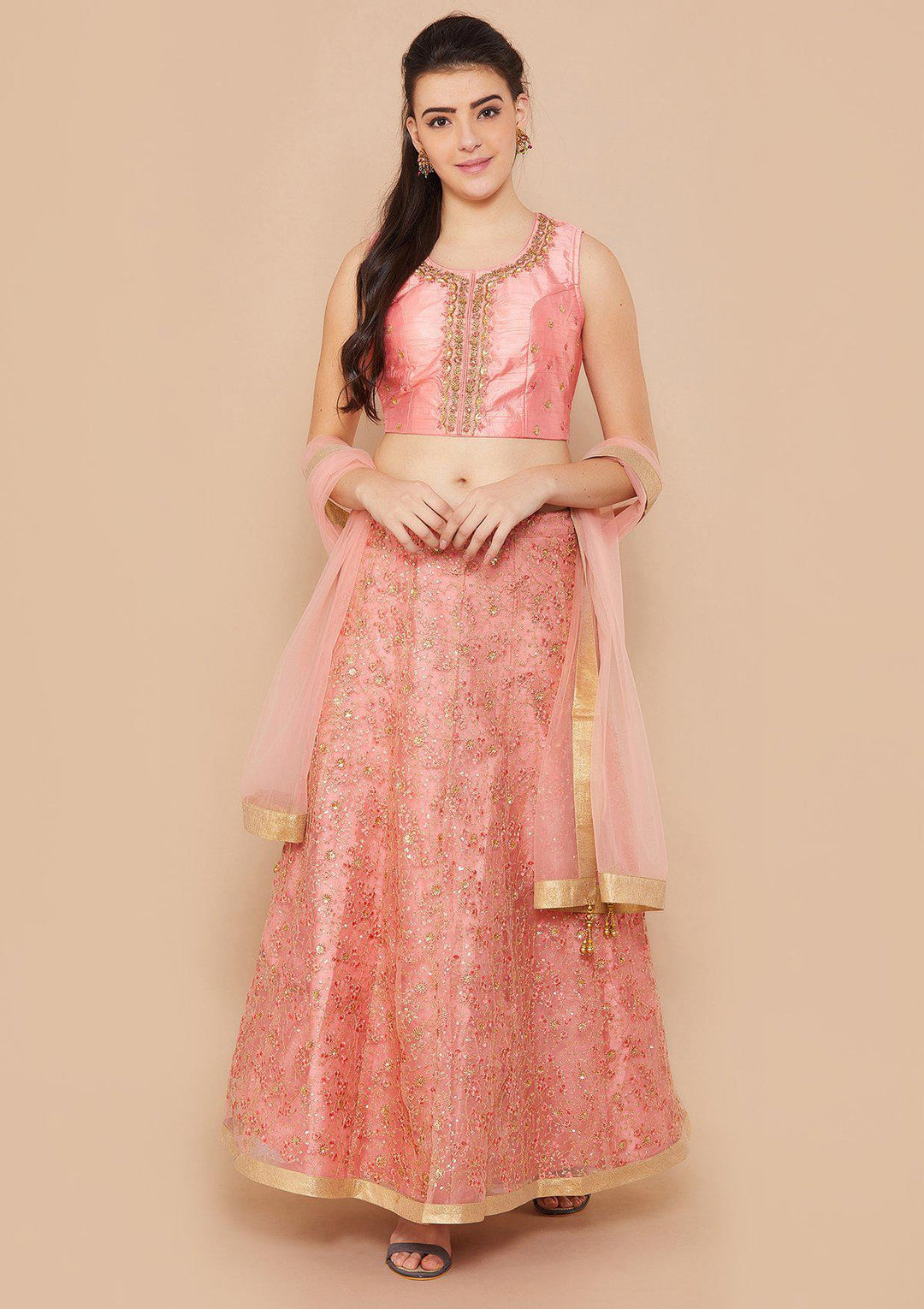 Pink Sequinned Net Designer Lehenga-Koskii