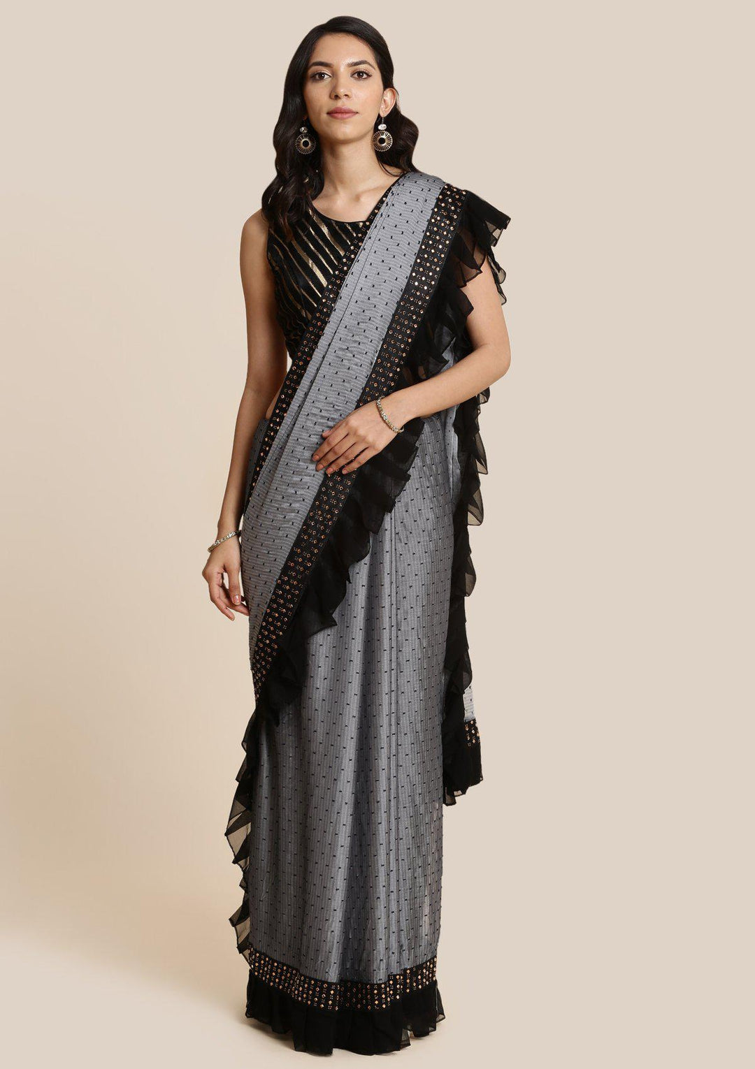 Light Grey Swarovski Georgette Designer Saree-Koskii