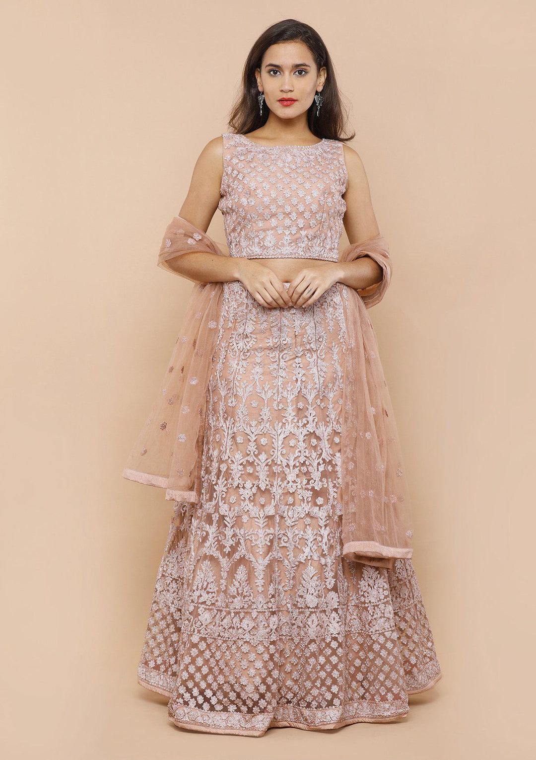 Dusty Rose Threadwork Net Designer Lehenga-Koskii