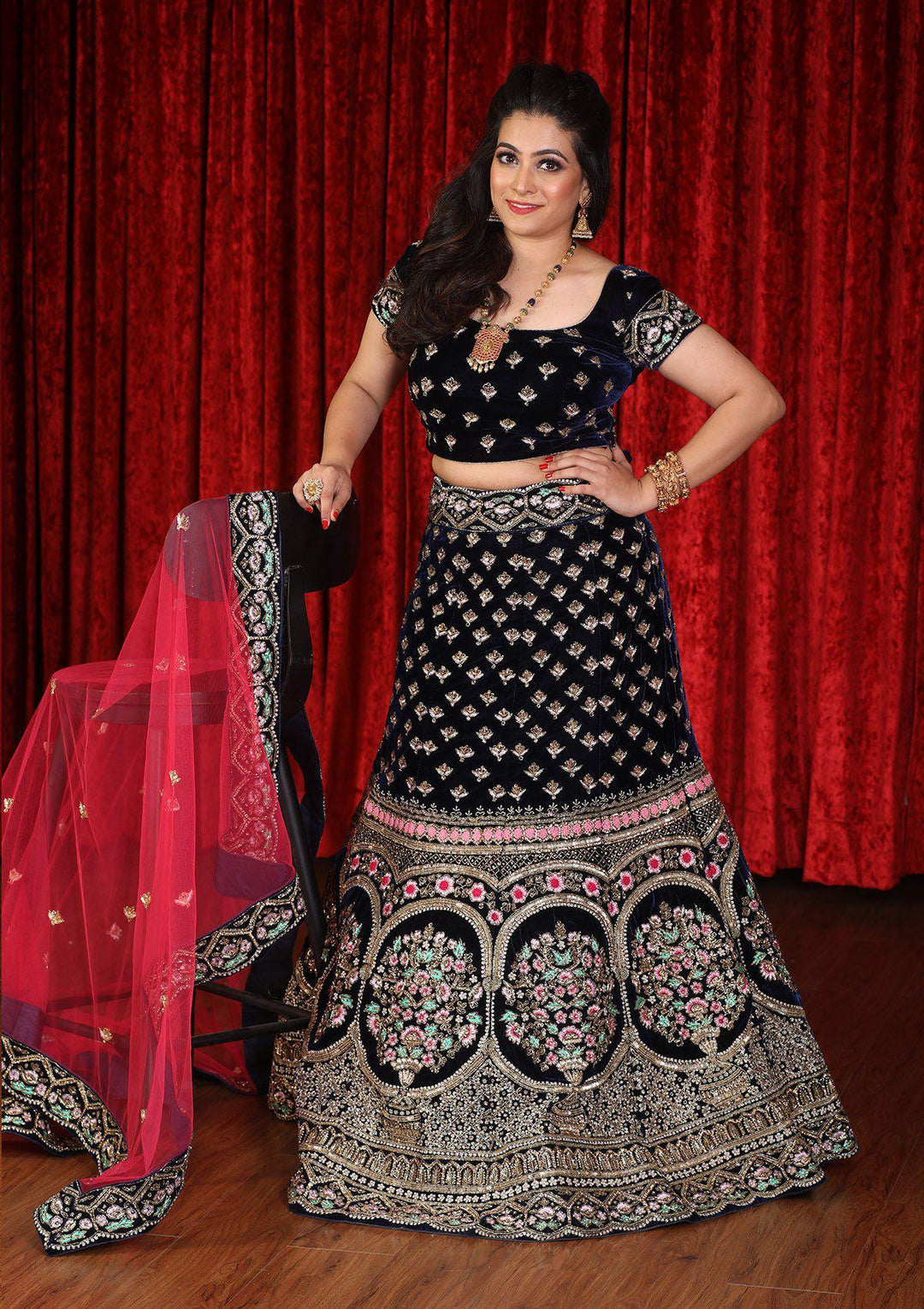 Navy Blue Cutdana Velvet Designer Lehenga-Koskii