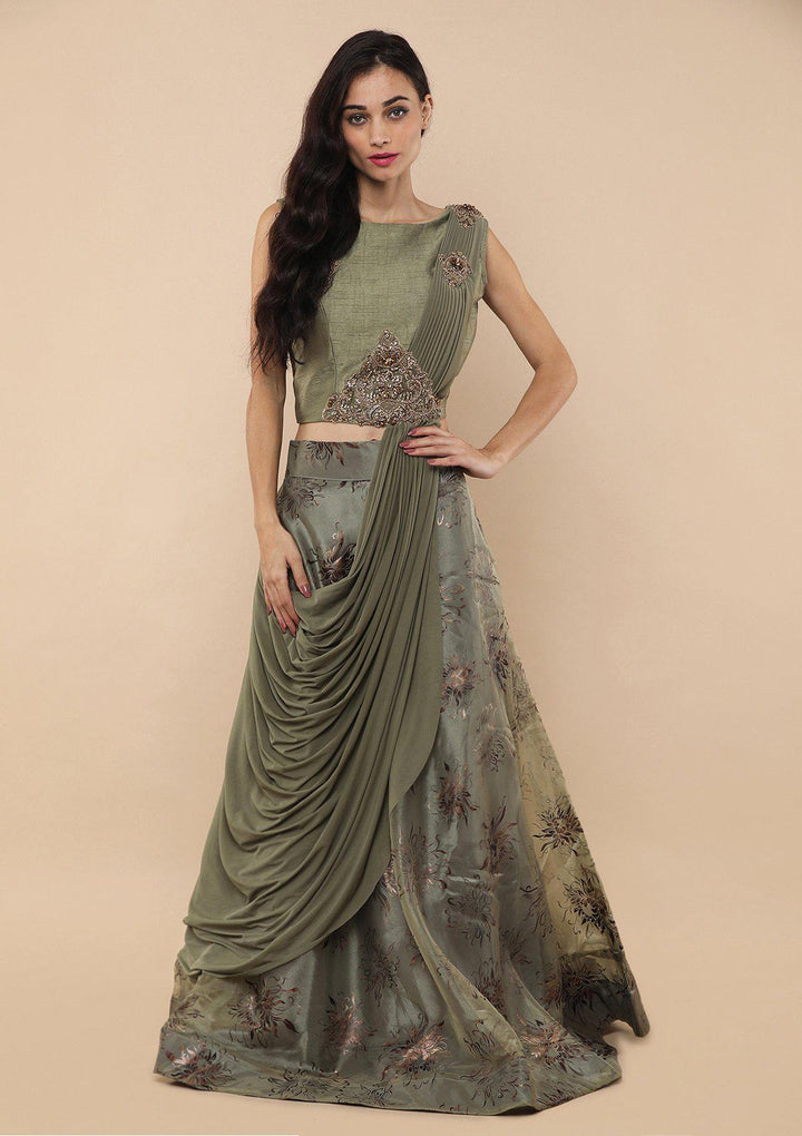 Sage Green Zardozi Work Tissue Designer Lehenga-Koskii