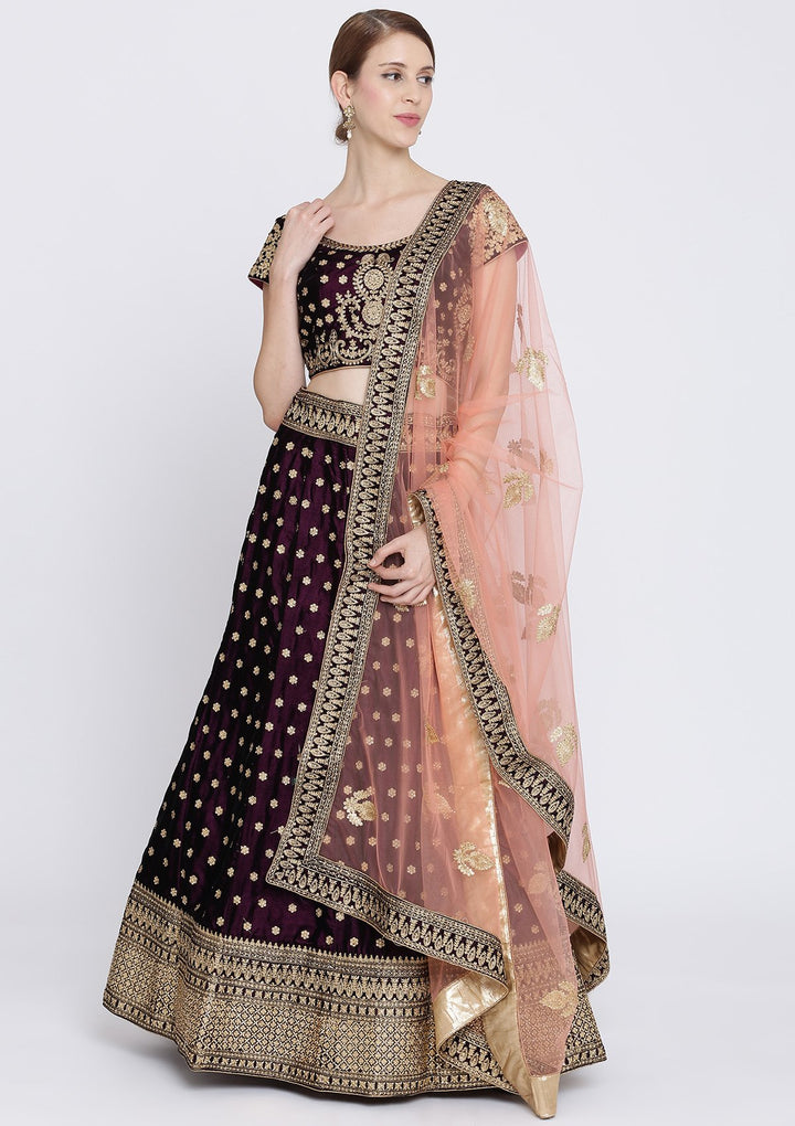 Wine Zariwork Velvet Designer Lehenga-Koskii