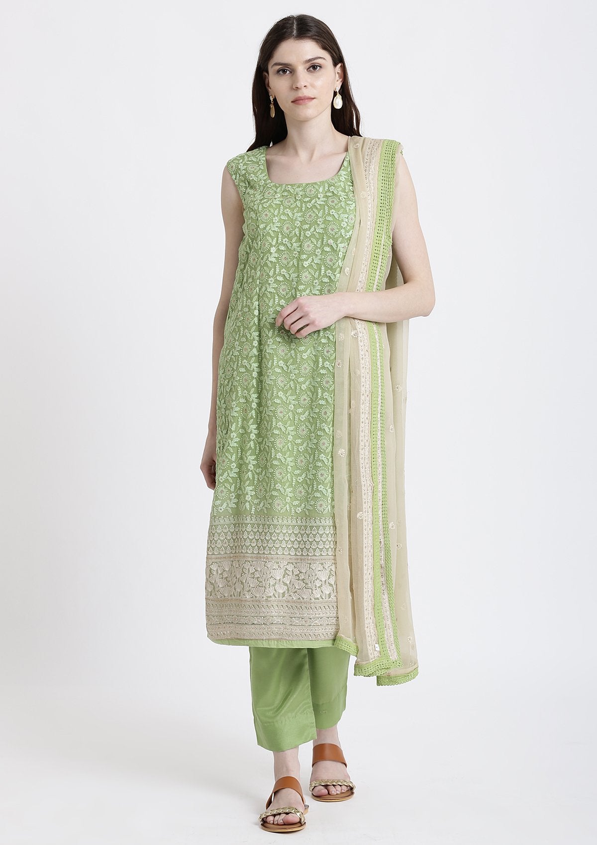Pista Green Chikankari Chiffon Designer Salwar Suit-Koskii