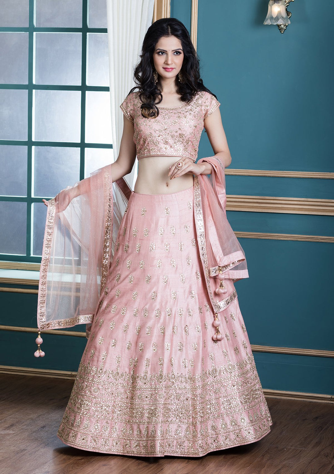 Peach Floral Stonework Silk Designer Lehenga-Koskii