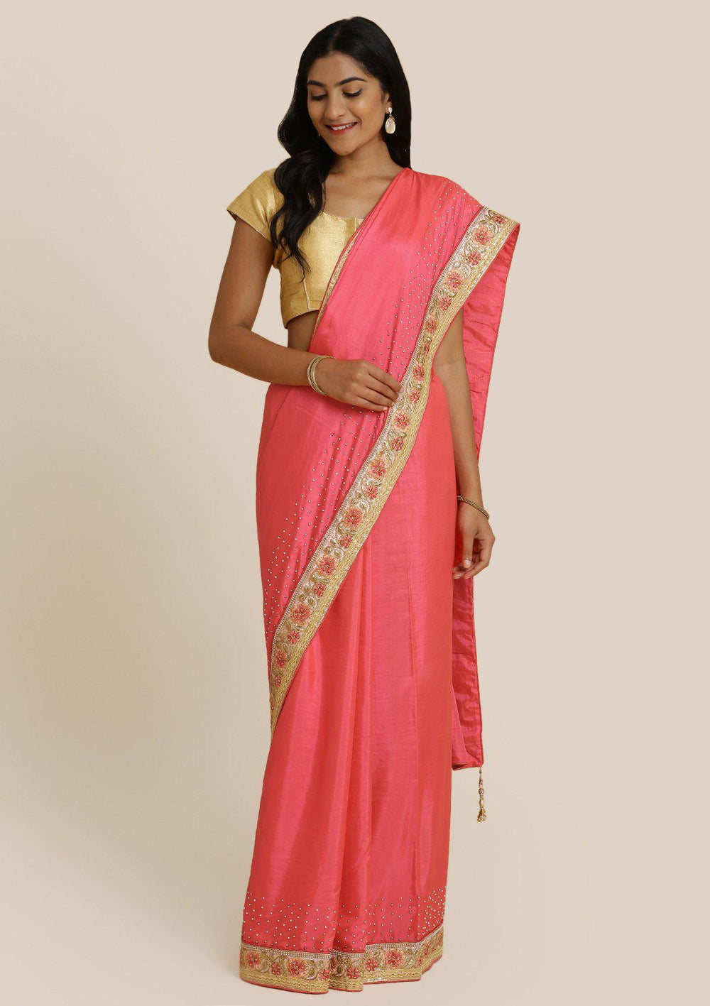 Pink Zariwork Art Silk Designer Saree-Koskii