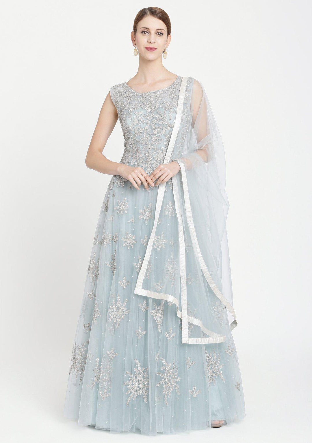 Sea Green Sequins Net Designer Gown-Koskii