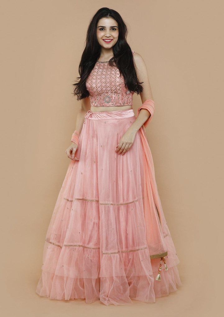 Pink Chequered Pearl Net Designer Lehenga-Koskii