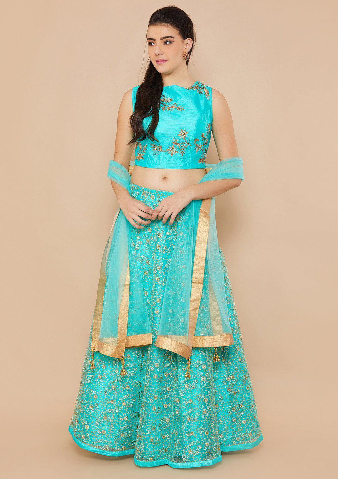 Cyan Zariwork Net Designer Lehenga-Koskii