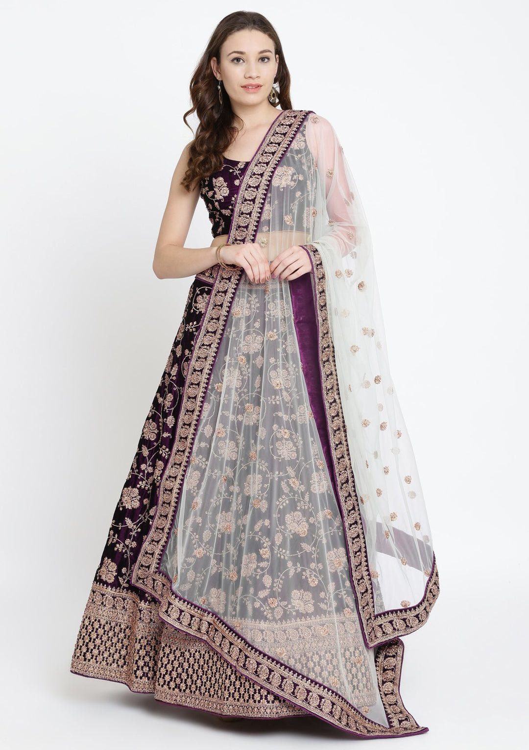Wine Stonework Velvet Designer Lehenga-Koskii