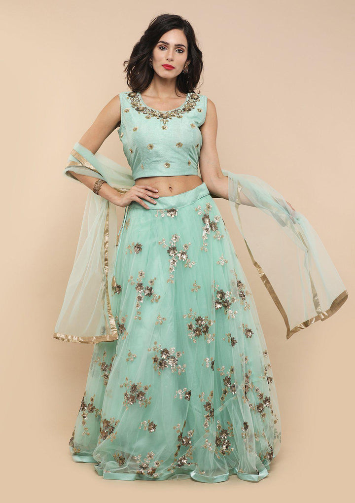 Pista Green Floral Net Designer Lehenga-Koskii