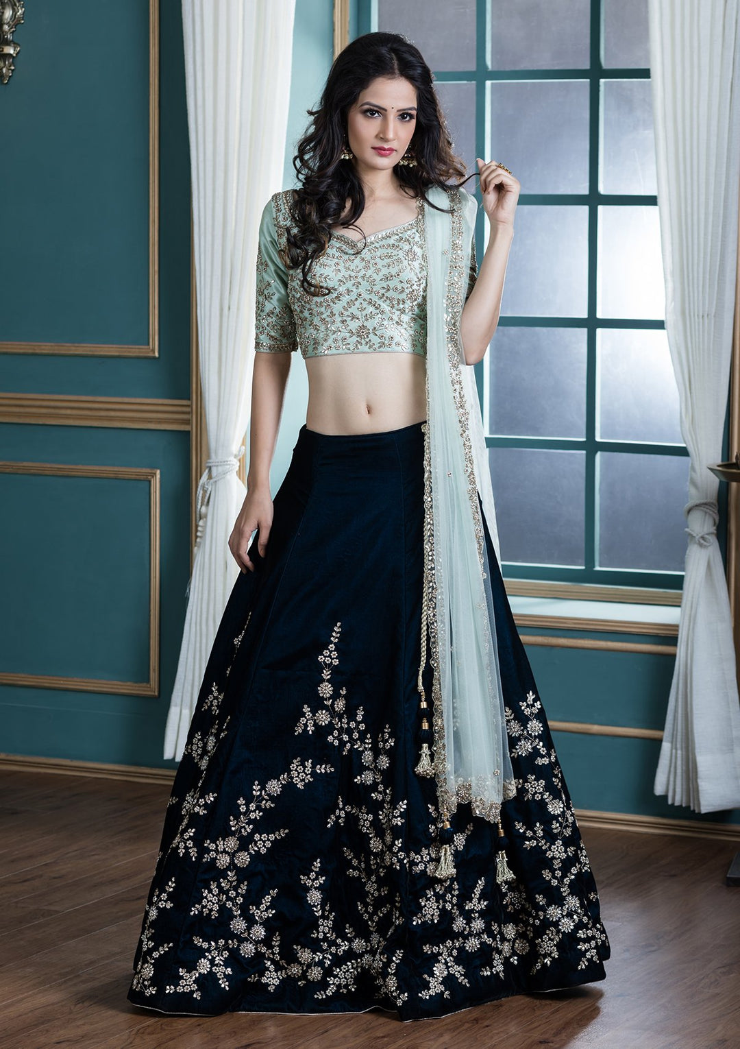Navy Blue Zardozi Velvet Designer Lehenga-Koskii