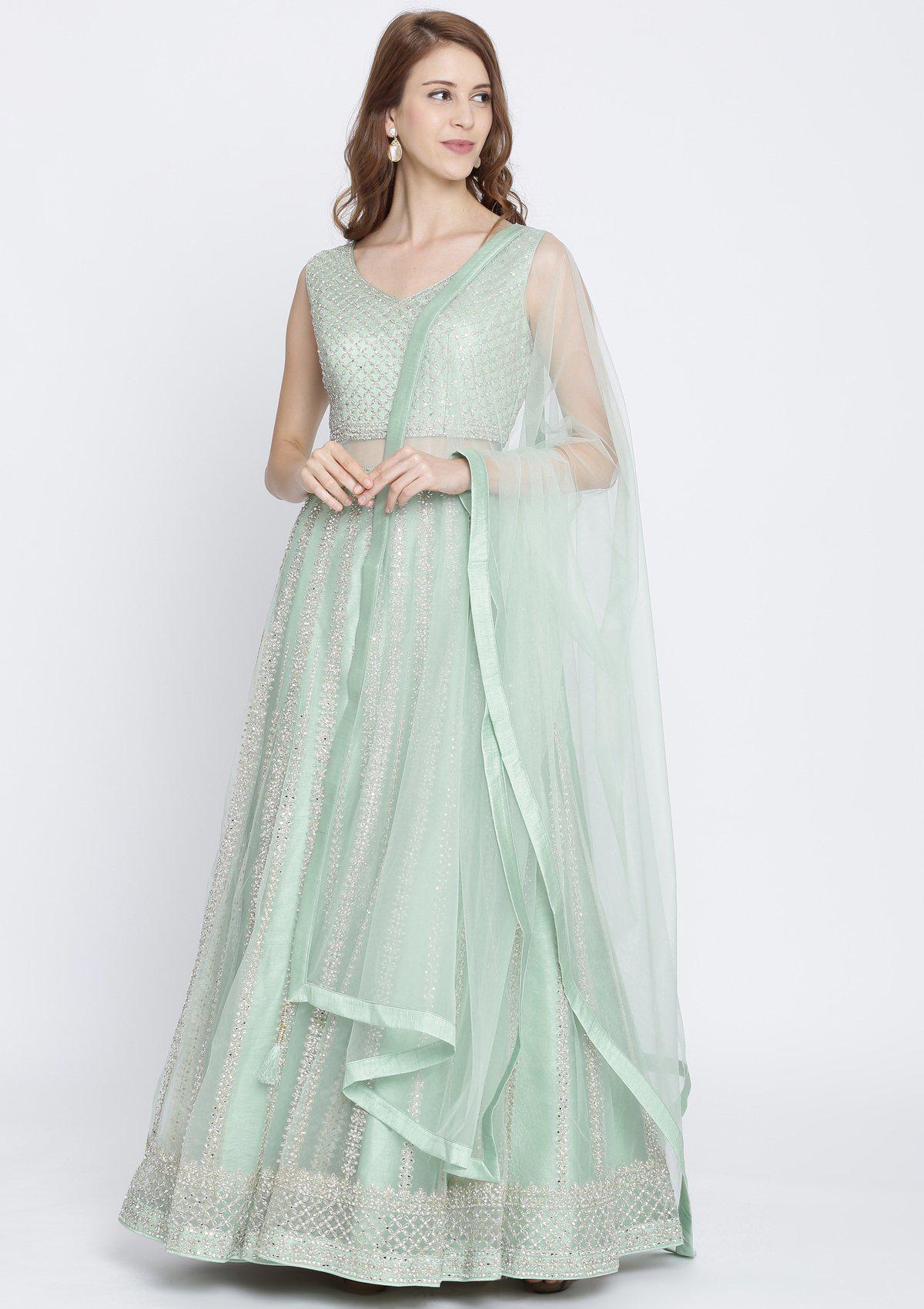 Pista Green Mirrorwork Net Designer Gown-Koskii