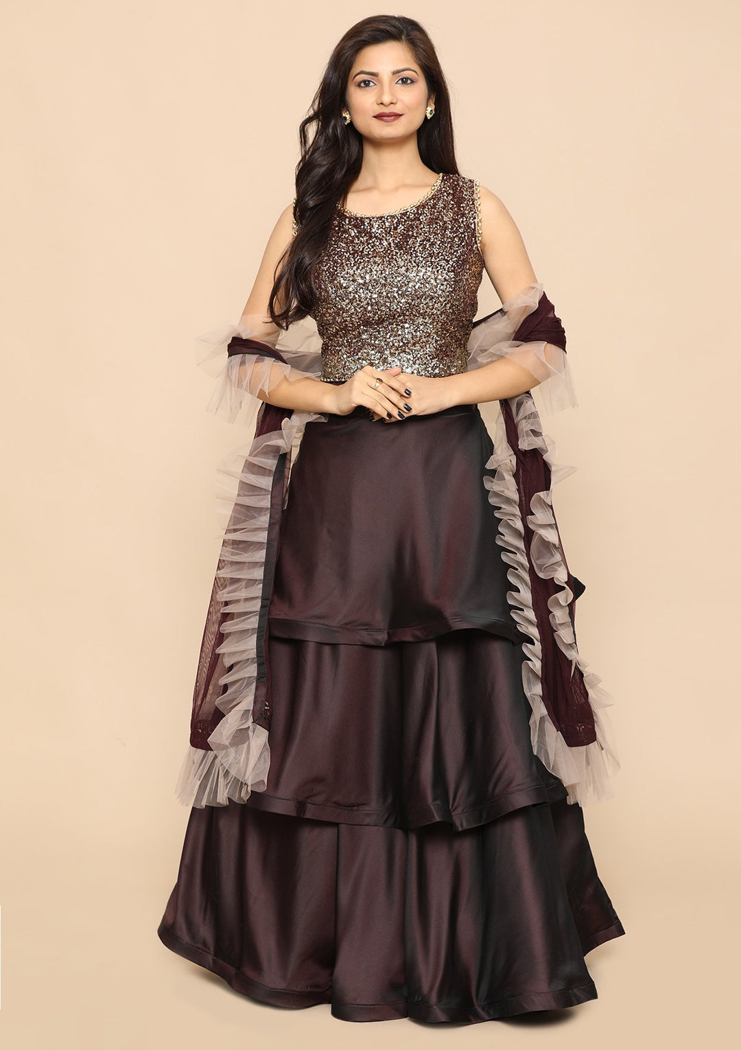 Wine Sequinned Top And Tiered Lehenga-Koskii