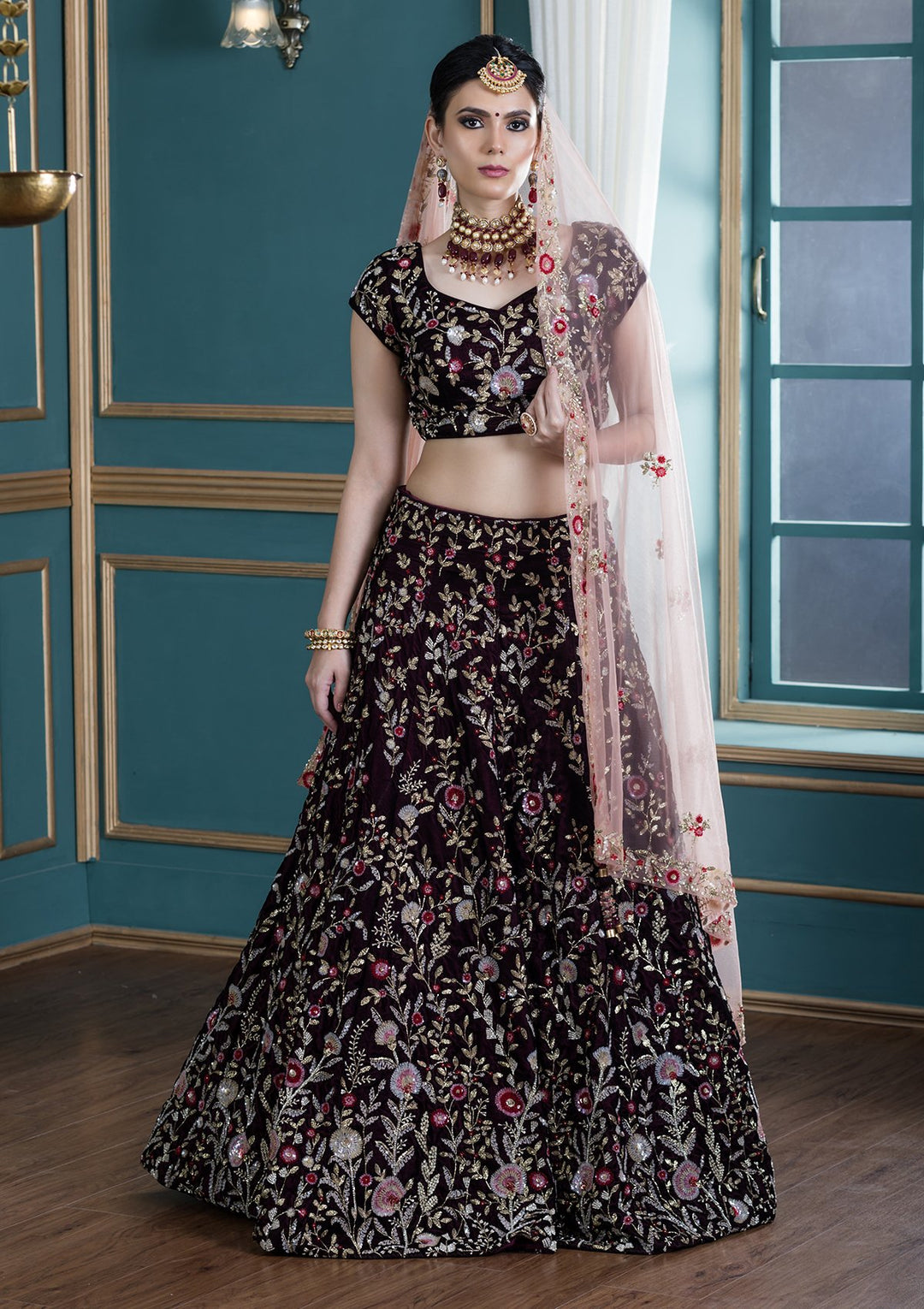 Wine Red Zardozi Work Velvet Designer Lehenga-Koskii