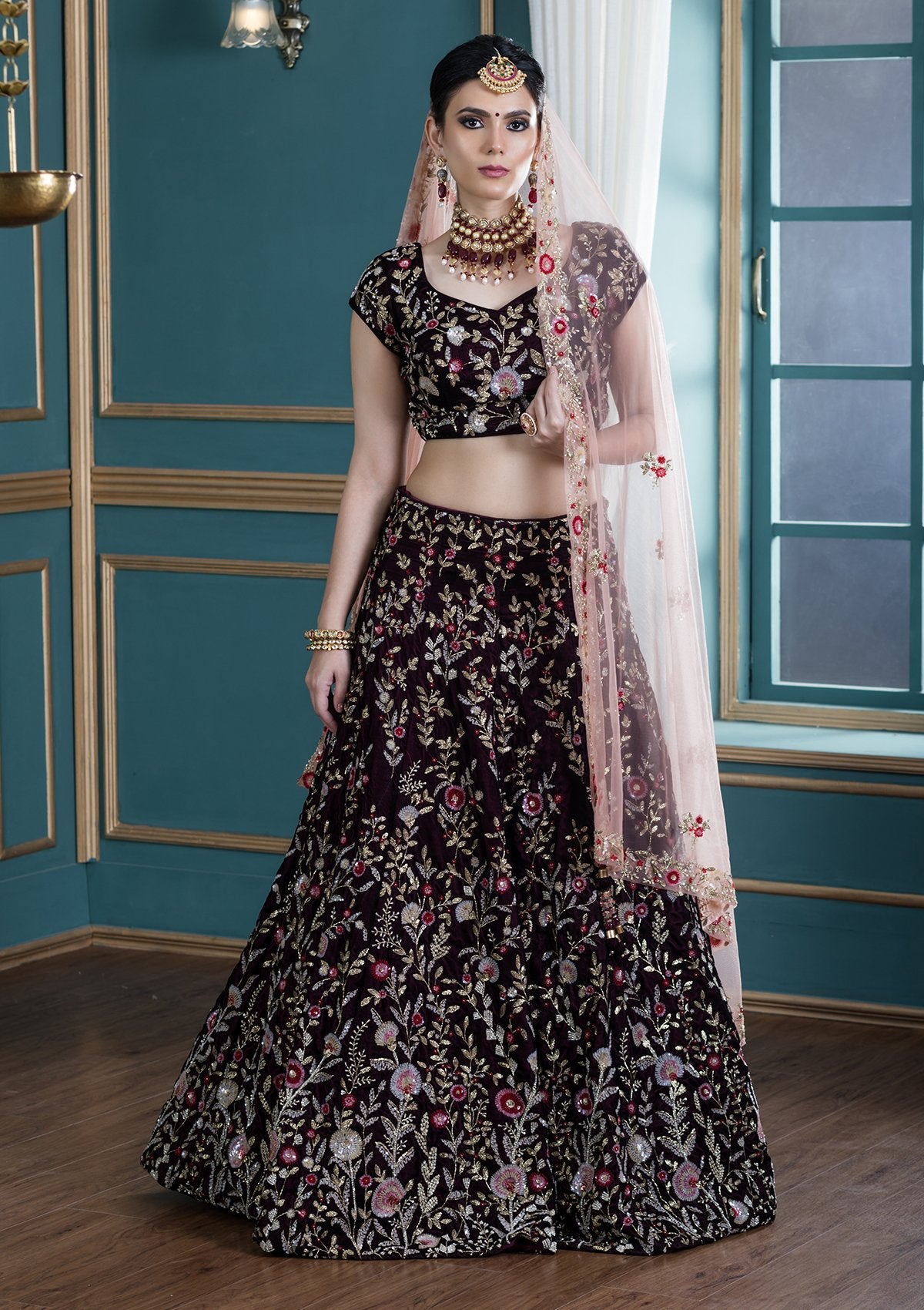 Wine Red Zardozi Work Velvet Designer Lehenga-Koskii