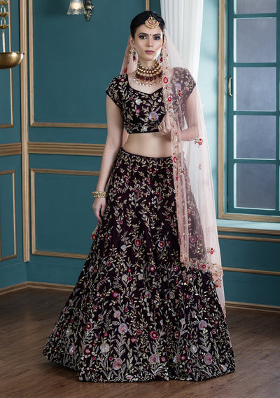 Wine Red Zardozi Work Velvet Designer Lehenga-Koskii
