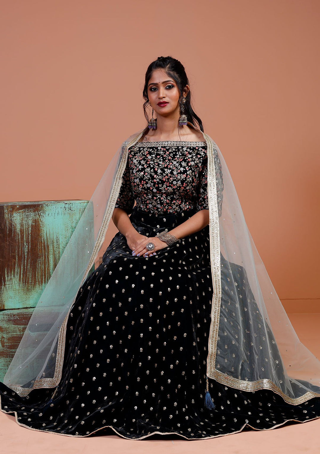 Peacock Blue Sequinned Velvet Designer Lehenga-Koskii