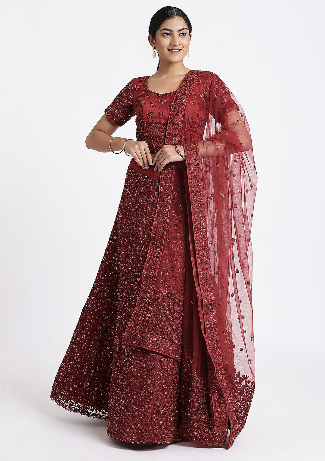 Maroon Stone Work Net designer Lehenga-Koskii
