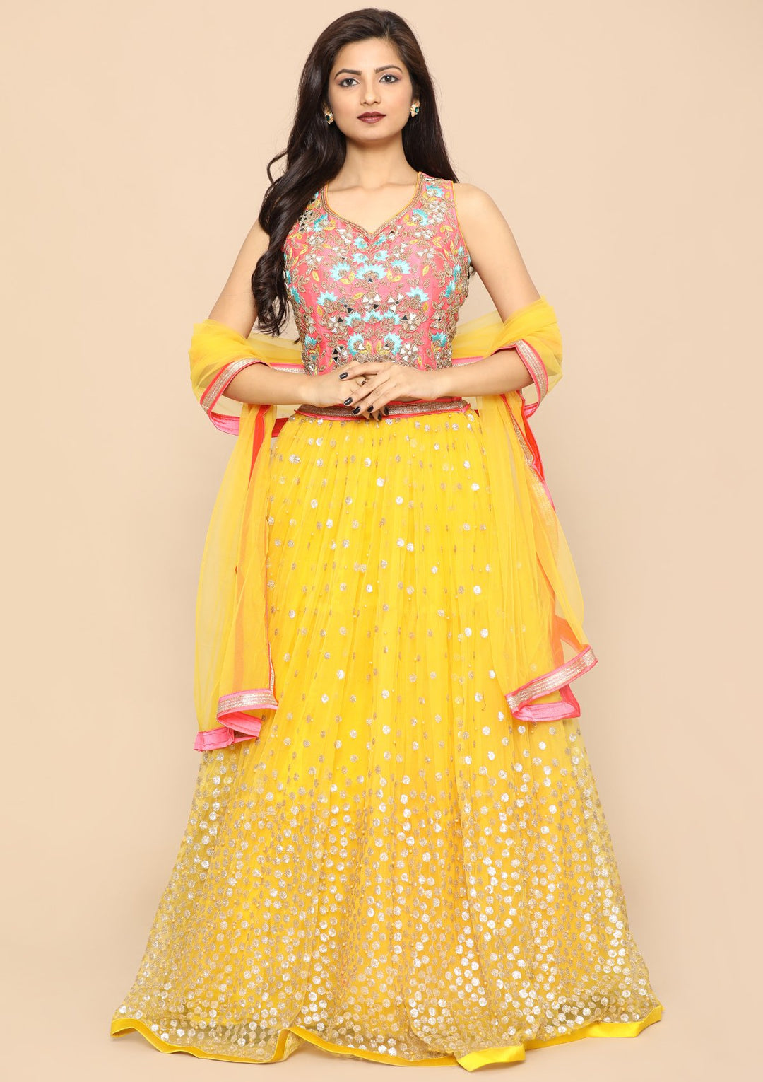 Yellow Zardozi Satin Designer Lehenga-Koskii