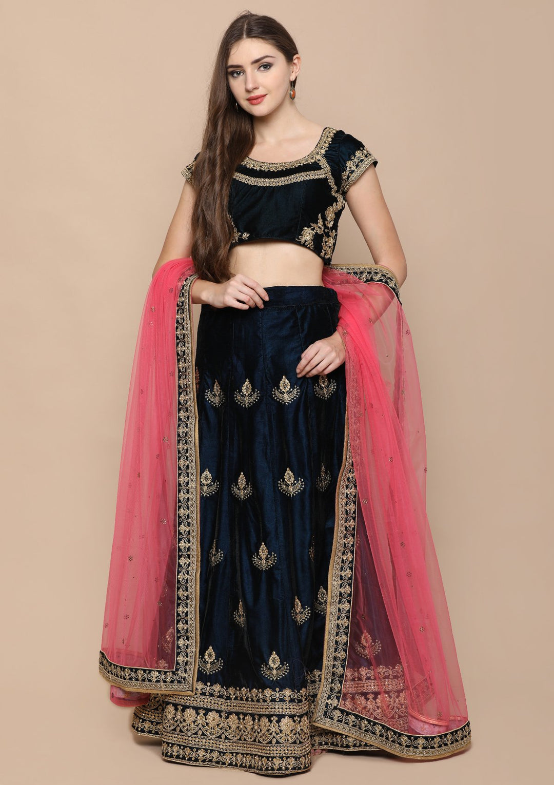 Peacock Green Stone Work Velvet Designer Lehenga-Koskii
