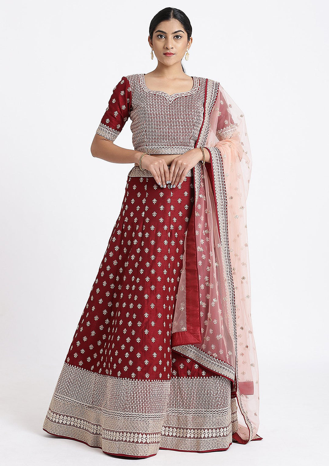 Maroon Zari Work Rawsilk Designer Lehenga-Koskii