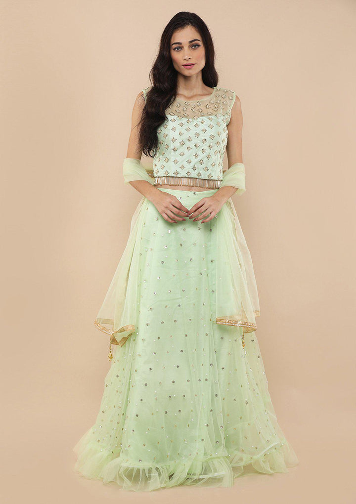 Pista Green Zardozi Work Silk Designer Lehenga-Koskii