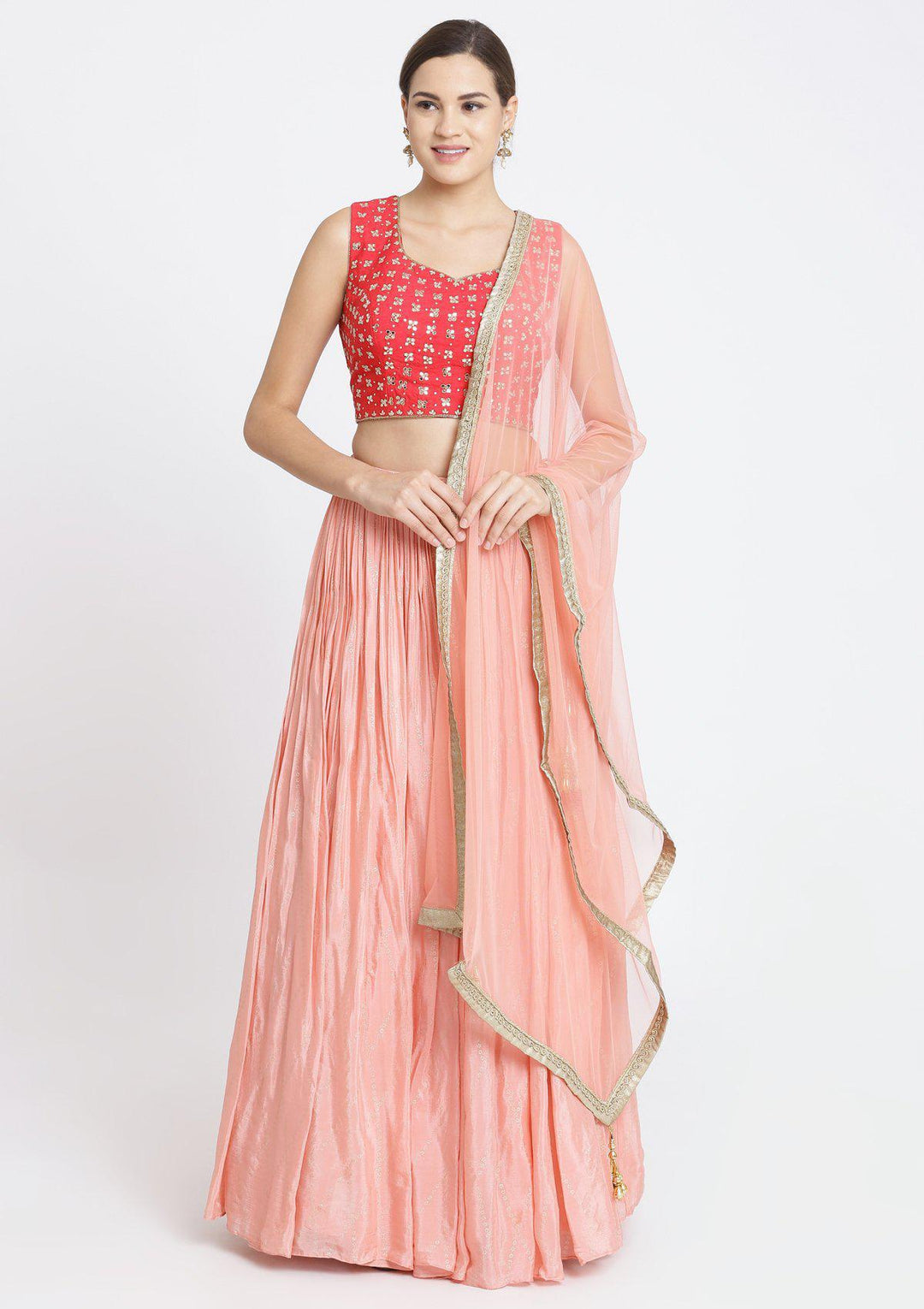 Peach and Fuschia Mirrorwork Satin Designer Lehenga-Koskii
