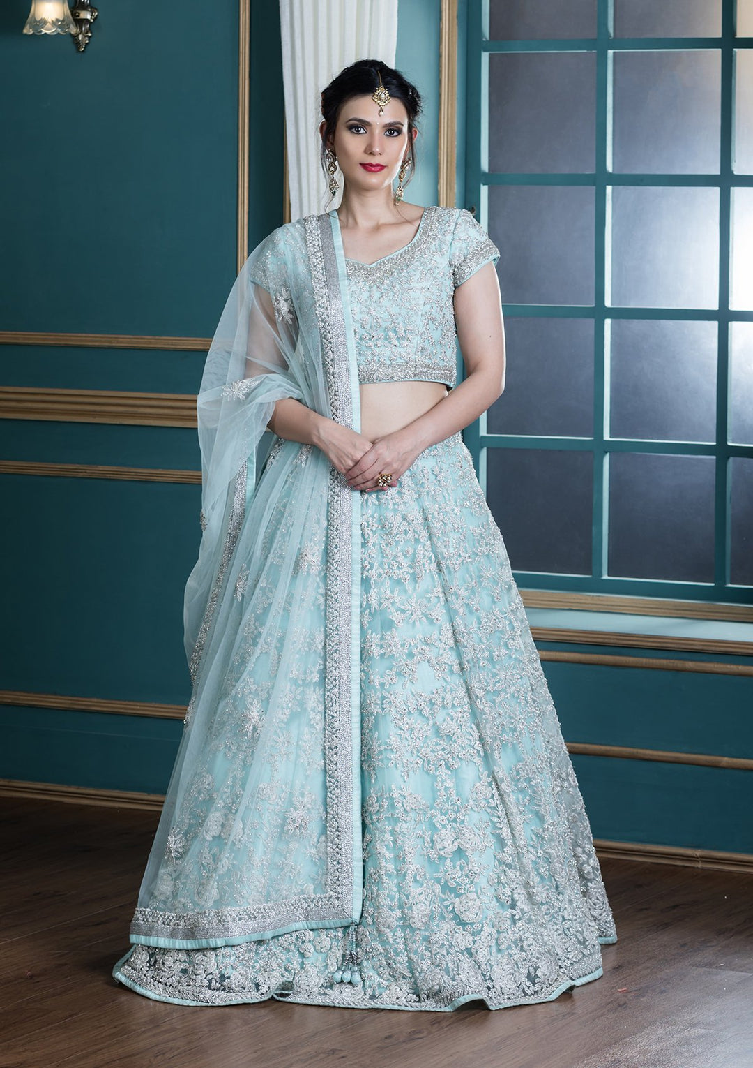 Powder Blue Sequinned Net Designer Lehenga-Koskii