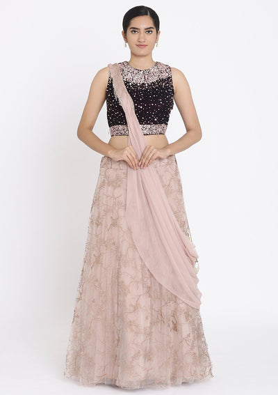 Lavender And Wine Stonework Net Designer Lehenga - koskii