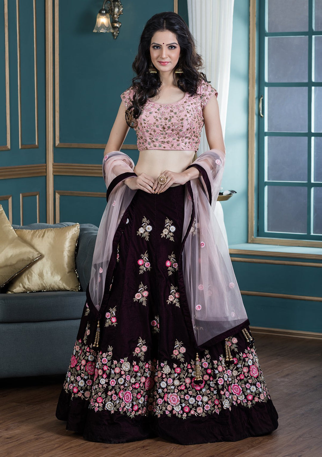 Wine Red Threadwork Velvet Designer Lehenga-Koskii