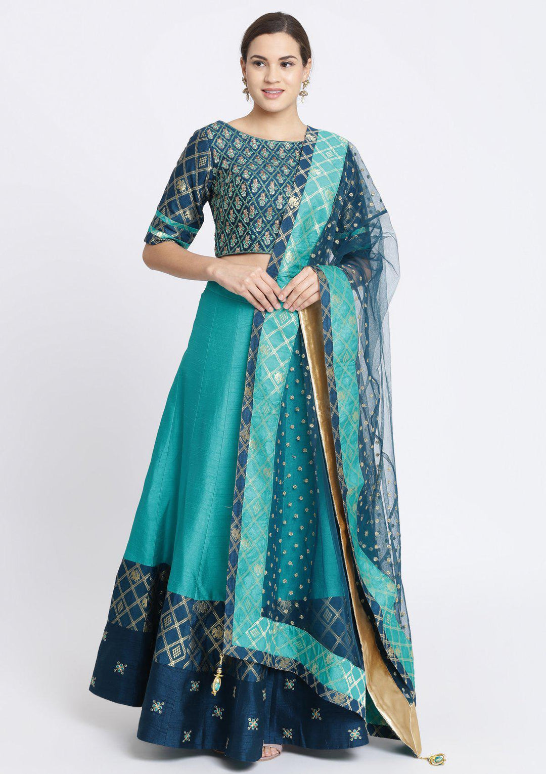 Turquoise Blue Zardosi Rawsilk Designer Lehenga-Koskii