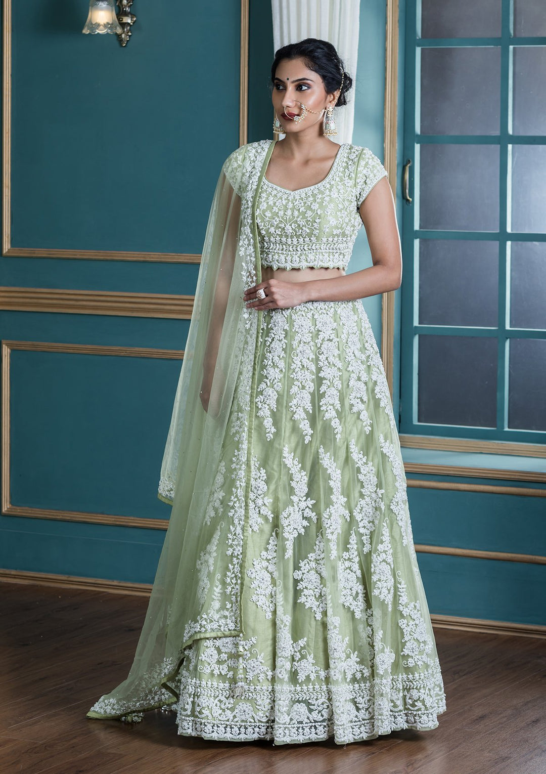 Green Stone Embellished Net Designer Lehenga-Koskii