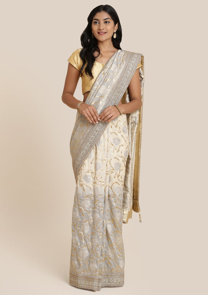 Light Grey Zariwork Brocade Designer Saree-Koskii