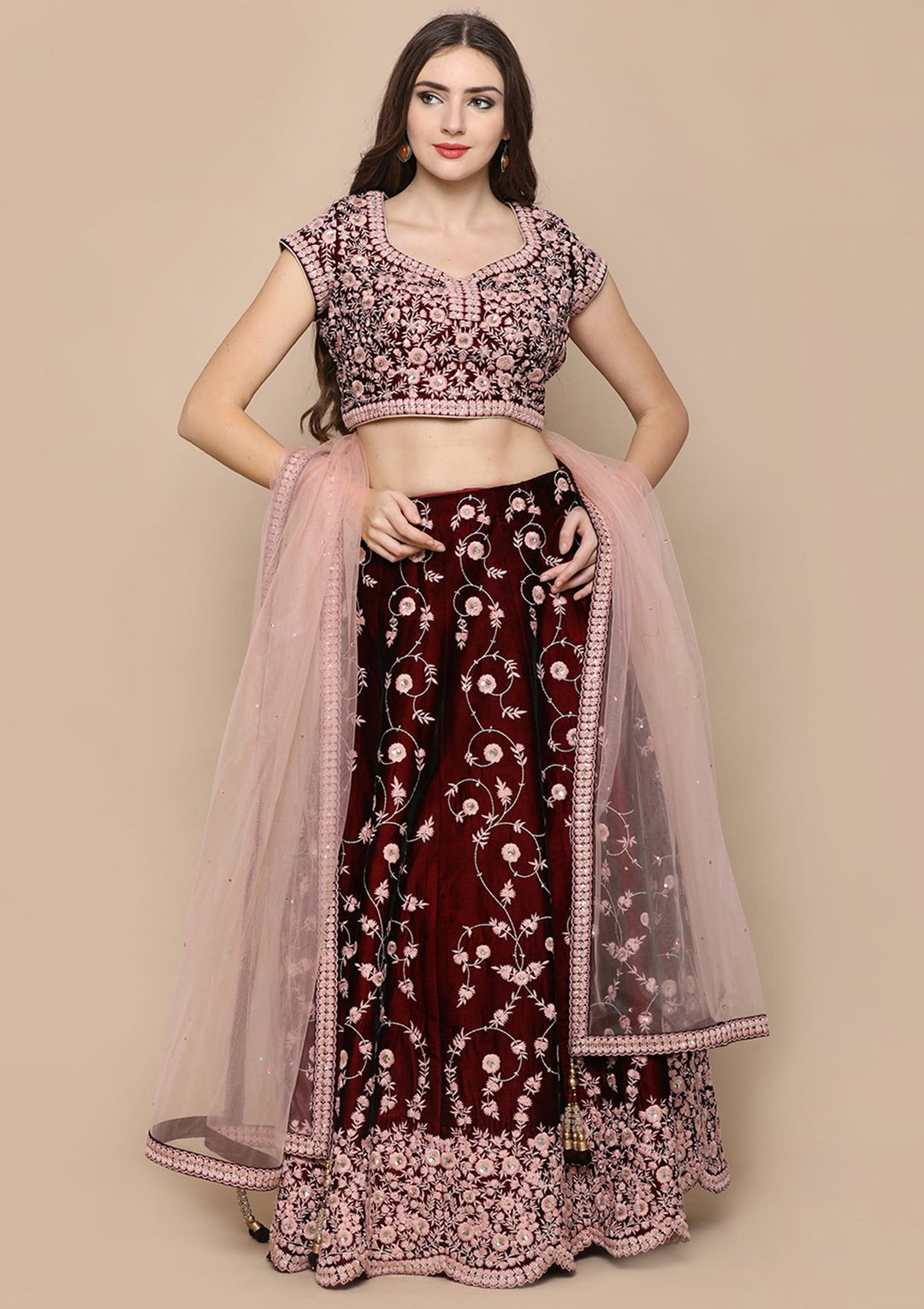 Pink Zari Work Velvet Designer Lehenga-Koskii