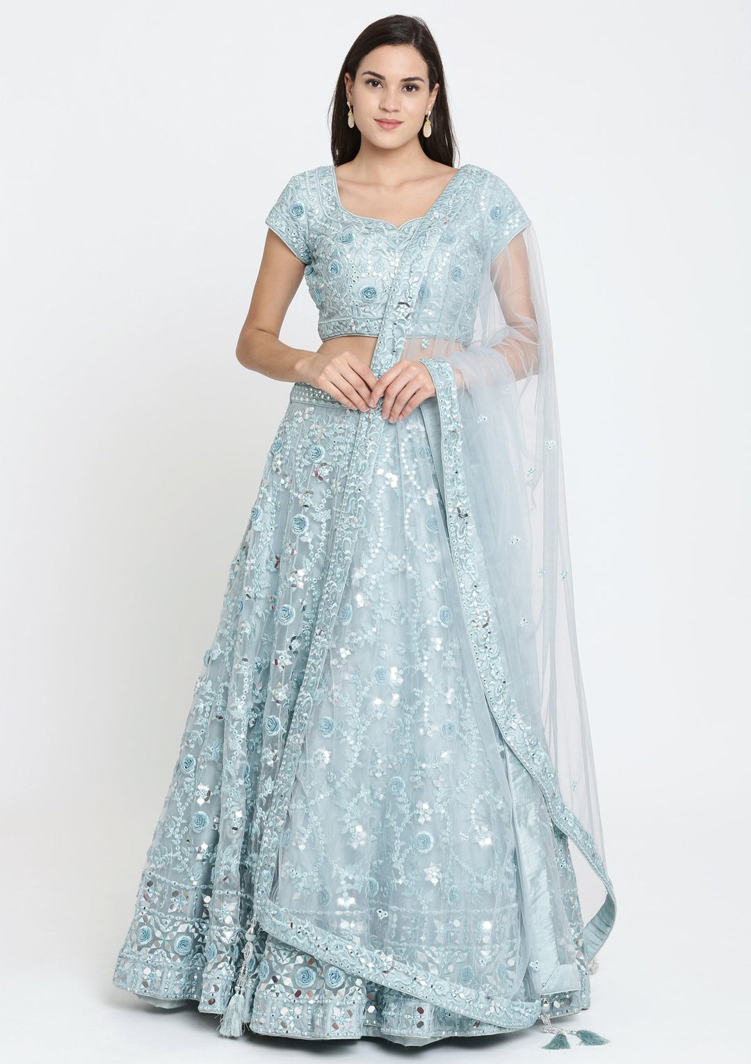 Sea Green Mirror Work Net Designer Lehenga-Koskii