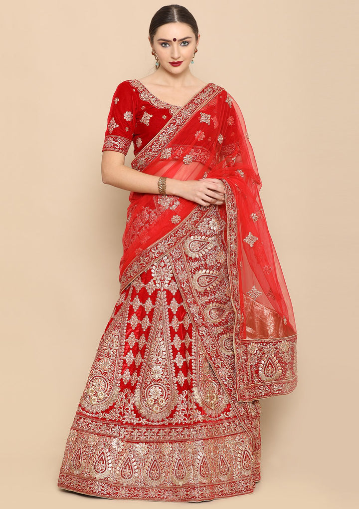 Red Gota Patti Work Velvet Designer Lehenga-Koskii