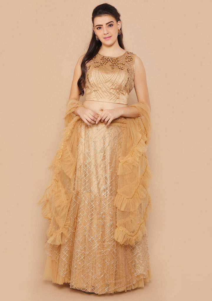 Gold Pearl-Work Net Designer Lehenga-Koskii